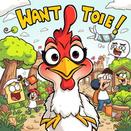 An exaggerated, comical cartoon style illustration featuring a humorous and mischievous chicken character keeping a watchful eye over various situations