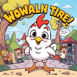 An exaggerated, comical cartoon style illustration featuring a humorous and mischievous chicken character keeping a watchful eye over various situations