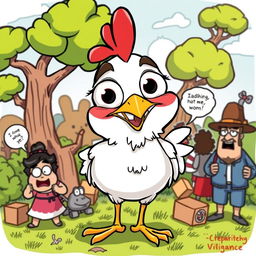 An exaggerated, comical cartoon style illustration featuring a humorous and mischievous chicken character keeping a watchful eye over various situations