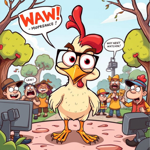 An exaggerated, comical cartoon style illustration featuring a humorous and mischievous chicken character keeping a watchful eye over various situations