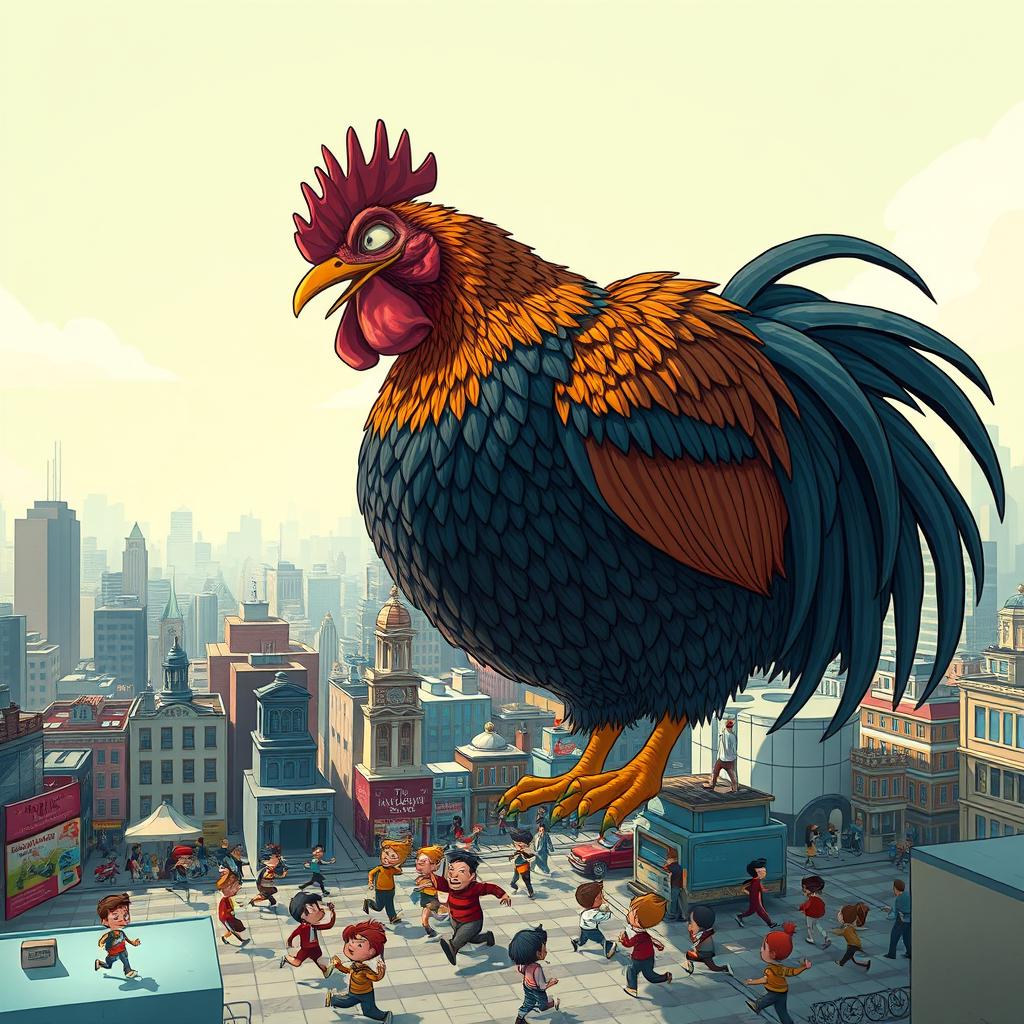 A gigantic rooster towering over a bustling city, observing the chaos below where people are running and shouting in a humorous, exaggerated manner