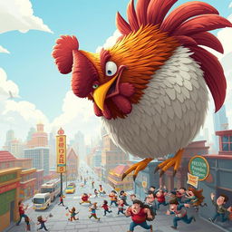 A gigantic rooster towering over a bustling city, observing the chaos below where people are running and shouting in a humorous, exaggerated manner