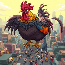 A gigantic rooster towering over a bustling city, observing the chaos below where people are running and shouting in a humorous, exaggerated manner