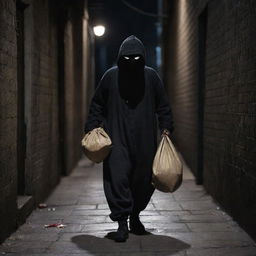 A character in dark, snug, clothing, with a mysterious aura, wearing a mask, tip-toeing in an alley at night, clutching a sack of valuables