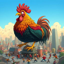 A gigantic rooster towering over a bustling city, observing the chaos below where people are running and shouting in a humorous, exaggerated manner