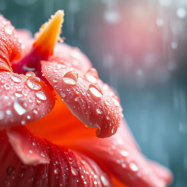 A stunning close-up of a dew-covered flower adorned with shimmering droplets, captured in the morning rain