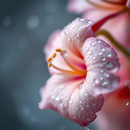 A stunning close-up of a dew-covered flower adorned with shimmering droplets, captured in the morning rain