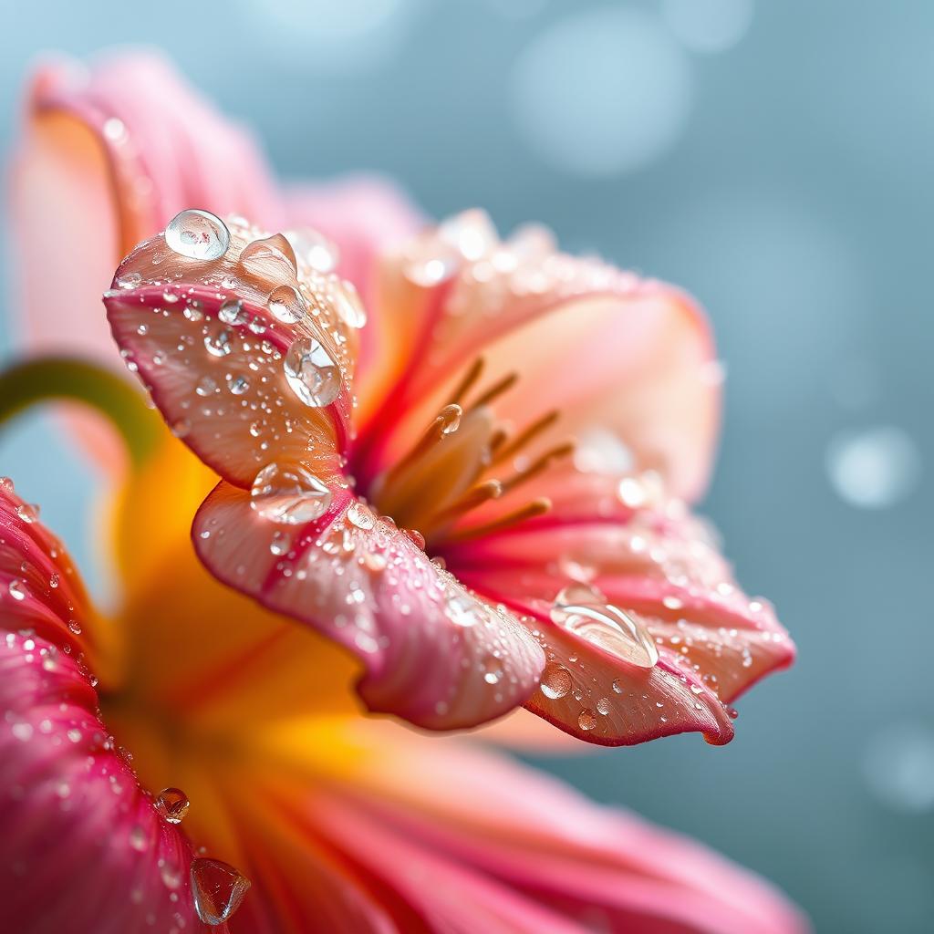 A stunning close-up of a dew-covered flower adorned with shimmering droplets, captured in the morning rain