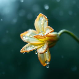 A stunning close-up of a dew-covered flower adorned with shimmering droplets, captured in the morning rain