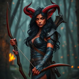 A seductive and fiery female tiefling ranger with striking red skin and impressive horns that split into two dramatic points