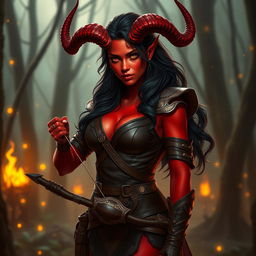 A seductive and fiery female tiefling ranger with striking red skin and impressive horns that split into two dramatic points