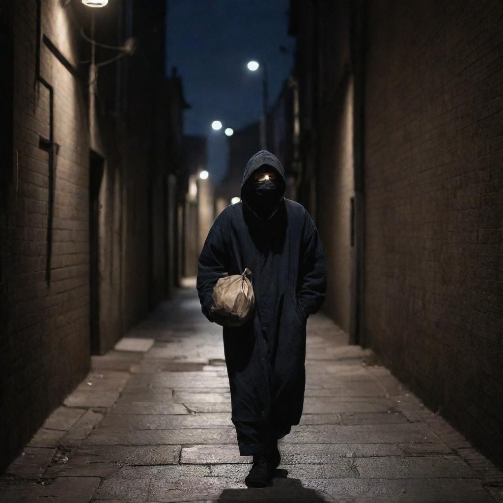 A character in dark, snug, clothing, with a mysterious aura, wearing a mask, tip-toeing in an alley at night, clutching a sack of valuables