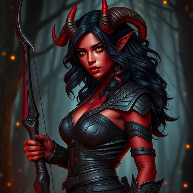 A seductive and fiery female tiefling ranger with striking red skin and impressive horns that split into two dramatic points