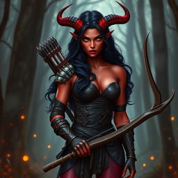 A seductive and fiery female tiefling ranger with striking red skin and impressive horns that split into two dramatic points