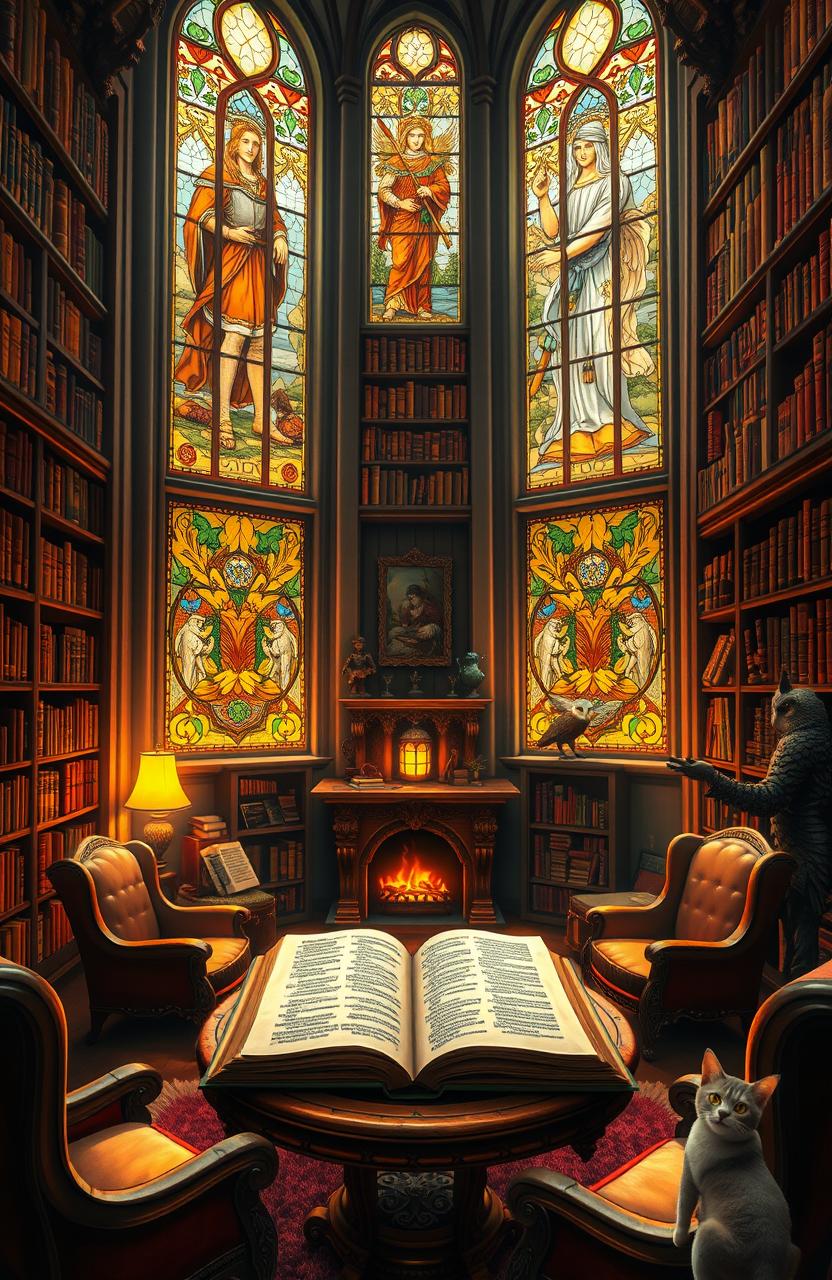 A beautifully decorated fantasy library with towering bookshelves lined with ancient tomes and magical scrolls