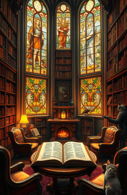 A beautifully decorated fantasy library with towering bookshelves lined with ancient tomes and magical scrolls