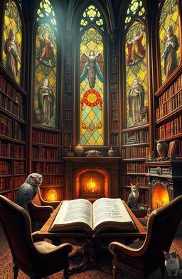 A beautifully decorated fantasy library with towering bookshelves lined with ancient tomes and magical scrolls