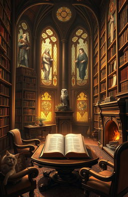 A beautifully decorated fantasy library with towering bookshelves lined with ancient tomes and magical scrolls