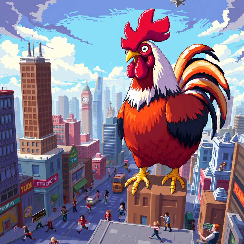 A gigantic rooster towering over a bustling city in a pixel art style