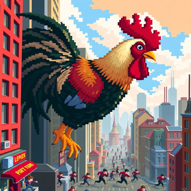 A gigantic rooster towering over a bustling city in a pixel art style