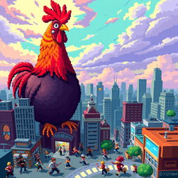 A gigantic rooster towering over a bustling city in a pixel art style