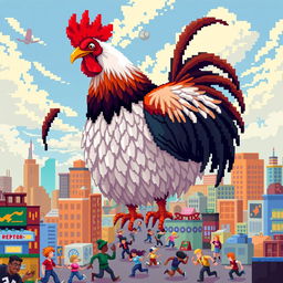 A gigantic rooster towering over a bustling city in a pixel art style