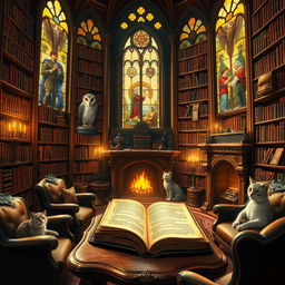 A beautifully decorated fantasy library with towering bookshelves filled with ancient tomes and magical scrolls
