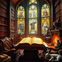 A beautifully decorated fantasy library with towering bookshelves filled with ancient tomes and magical scrolls