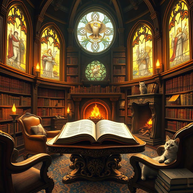 A beautifully decorated fantasy library with towering bookshelves filled with ancient tomes and magical scrolls