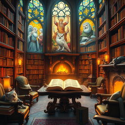 A beautifully decorated fantasy library with towering bookshelves filled with ancient tomes and magical scrolls