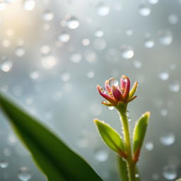 A close-up view of a tiny plant flower, delicately adorned with glistening dew droplets, captured in the morning rain