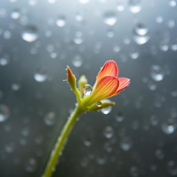 A close-up view of a tiny plant flower, delicately adorned with glistening dew droplets, captured in the morning rain