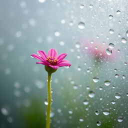 A close-up view of a tiny plant flower, delicately adorned with glistening dew droplets, captured in the morning rain