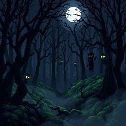 An eerie pixel art depiction of a spooky forest at night, filled with ominous shadows and mysterious creatures lurking among the trees