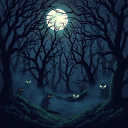 An eerie pixel art depiction of a spooky forest at night, filled with ominous shadows and mysterious creatures lurking among the trees