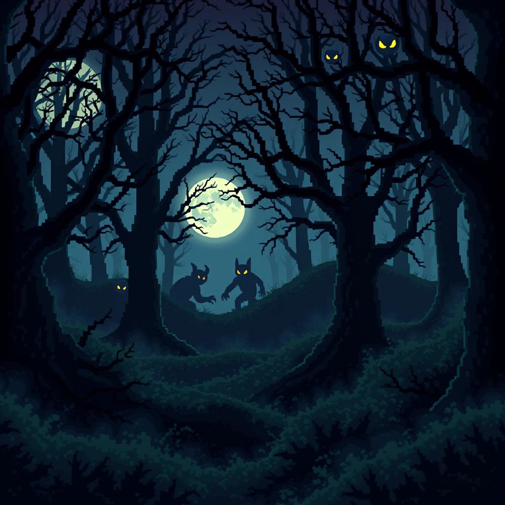 An eerie pixel art depiction of a spooky forest at night, filled with ominous shadows and mysterious creatures lurking among the trees