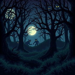 An eerie pixel art depiction of a spooky forest at night, filled with ominous shadows and mysterious creatures lurking among the trees