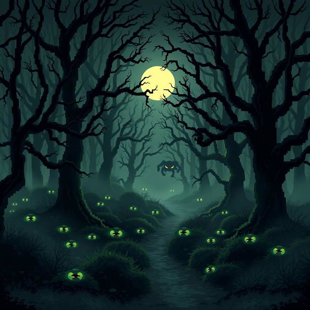 An eerie pixel art depiction of a spooky forest at night, filled with ominous shadows and mysterious creatures lurking among the trees