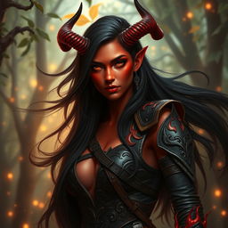 A seductive and fiery female tiefling ranger with striking red skin and dramatic horns that split into two