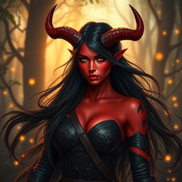 A seductive and fiery female tiefling ranger with striking red skin and dramatic horns that split into two