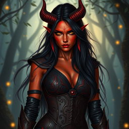 A seductive and fiery female tiefling ranger with striking red skin and dramatic horns that split into two