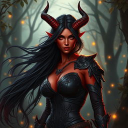 A seductive and fiery female tiefling ranger with striking red skin and dramatic horns that split into two