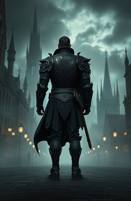 A Victorian style warrior standing with his back to the viewer, clad in ornate armor that reflects a Gothic aesthetic, detailed with intricate patterns and dark motifs