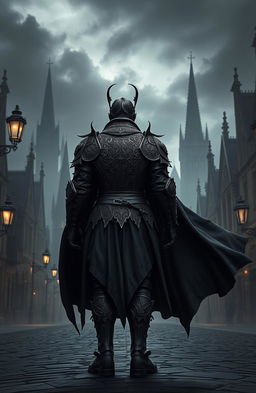 A Victorian style warrior standing with his back to the viewer, clad in ornate armor that reflects a Gothic aesthetic, detailed with intricate patterns and dark motifs