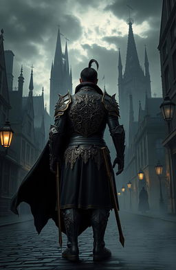A Victorian style warrior standing with his back to the viewer, clad in ornate armor that reflects a Gothic aesthetic, detailed with intricate patterns and dark motifs