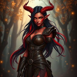 An enchanting, seductive, and fiery female tiefling ranger with stunning red skin and striking horns that split into two dramatic points