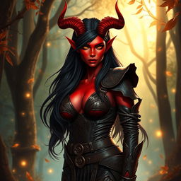 An enchanting, seductive, and fiery female tiefling ranger with stunning red skin and striking horns that split into two dramatic points