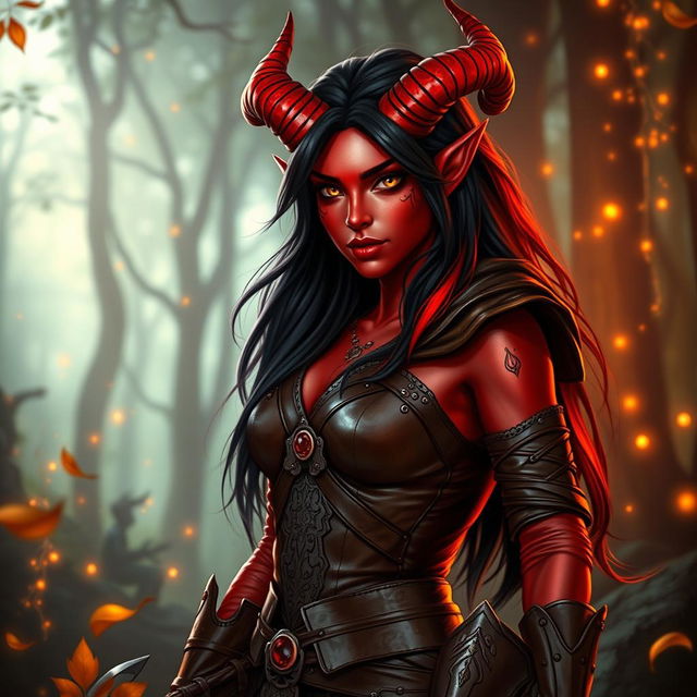 An enchanting, seductive, and fiery female tiefling ranger with stunning red skin and striking horns that split into two dramatic points