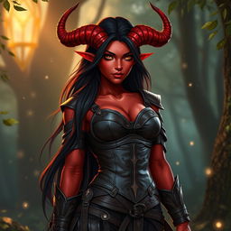 An enchanting, seductive, and fiery female tiefling ranger with stunning red skin and striking horns that split into two dramatic points