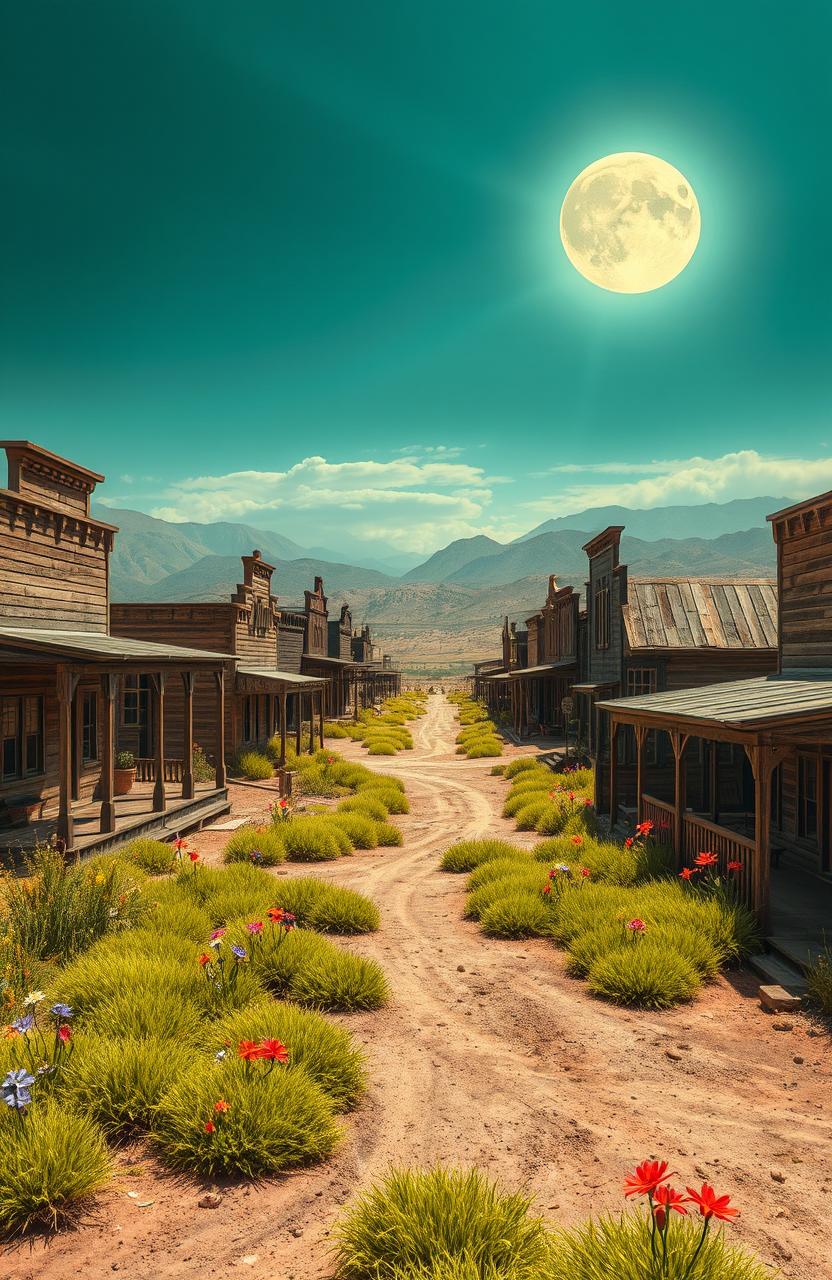 A desolate wild west ghost town, with dilapidated wooden buildings and dusty streets